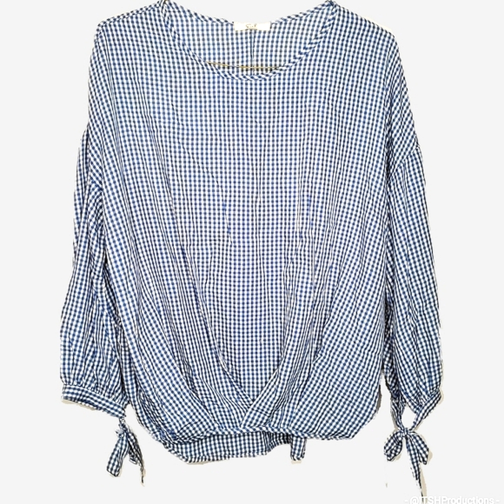 6) EASEL Micro plaid cinched waist tied sleeves Sz. S